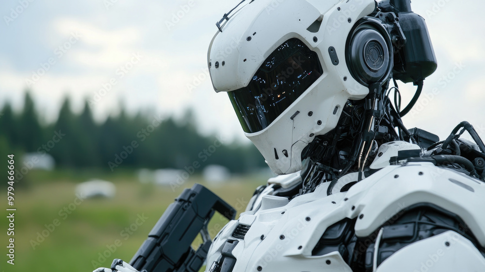 Poster a military robot with heavy armor and advanced technology stands in field, showcasing its intricate 