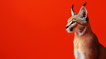 Naklejka premium Caracal cat sitting and looking right on red background