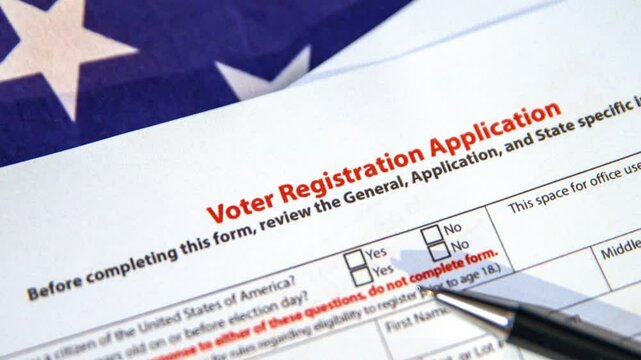 Voter Registration Application 4k footage video with the United States flag in the backdrop. American election concept with voter registration form of USA