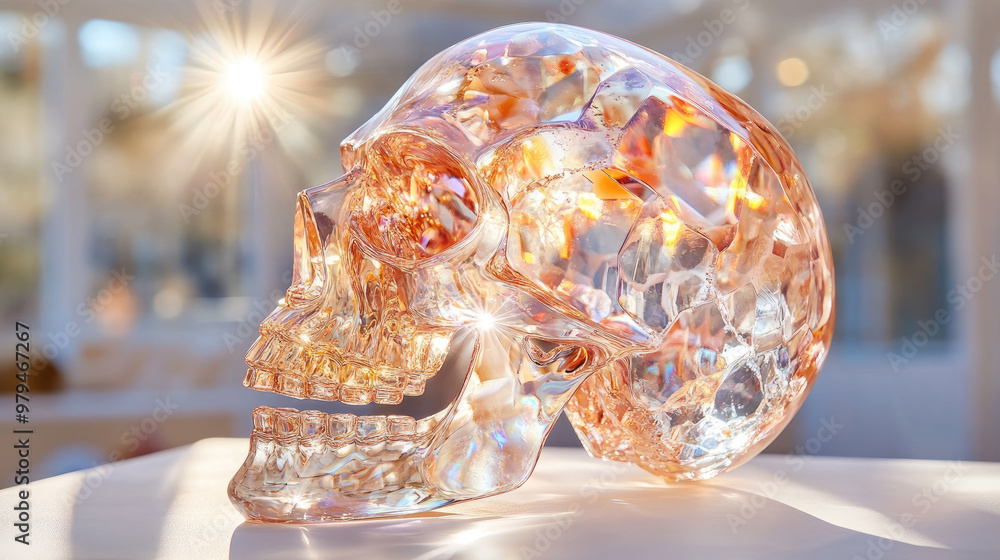 Poster a crystal skull illuminated by soft light reflects vibrant colors, creating mesmerizing display. int