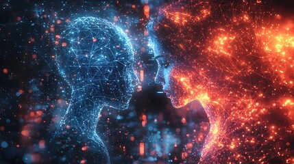 AI and humans coexisting in a digital world filled with connections, representing a hopeful vision of the future. The surreal illustration uses vibrant colors and 3D realism to convey the impact