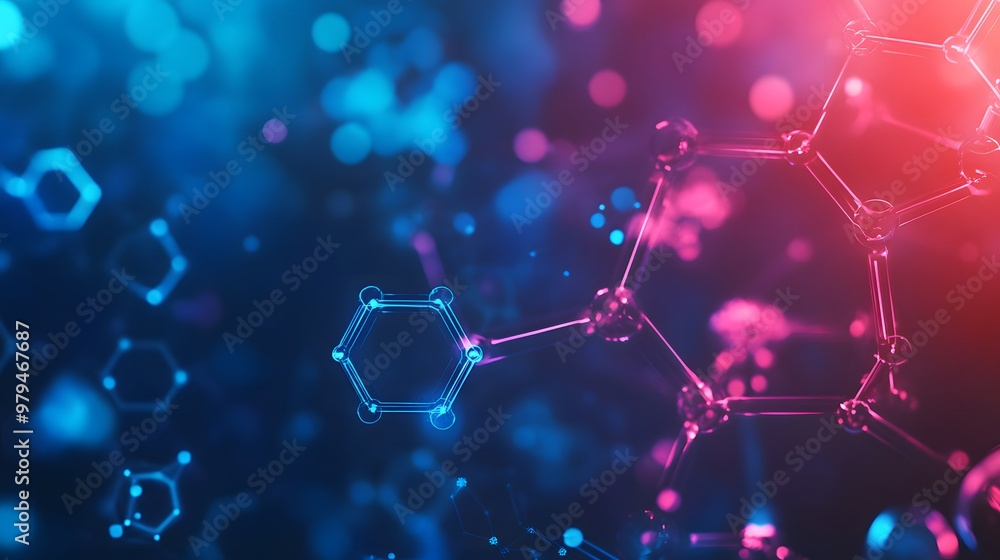 Poster abstract molecular structure with neon lights and bokeh