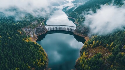 Fototapeta premium Serene aerial view of a massive dam crossing a calm lake, surrounded by green forests and foggy mountains, creating a peaceful atmosphere