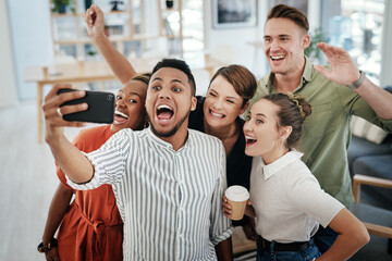 Excited, business people or selfie with photography at office for picture, team building or memory...