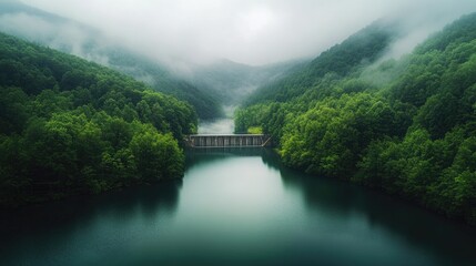 Serene landscape with an aerial view of a concrete dam crossing a calm lake, encircled by lush green forests and foggy mountains in the background