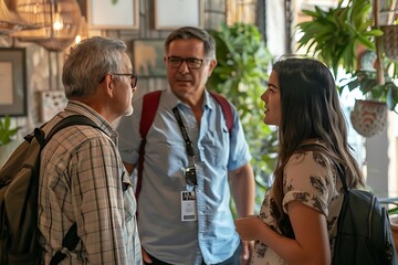 Naklejka premium Three people engaging in conversation in a plant-filled indoor space.