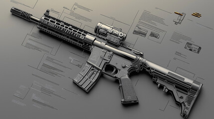 Modern sporting rifle lying on top of exploded view technical drawing plans