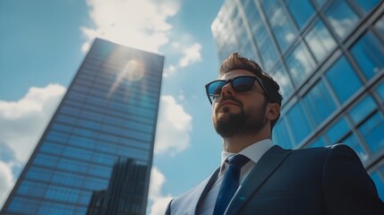 Fototapeta premium Confident Businessman Overlooking City Skyline from Office Building
