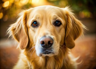 whimsical morning golden retriever face closeup soft focus shallow depth bokeh warm tones relaxed playful curious eyebrows tilted head