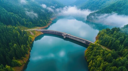 Fototapeta premium Aerial view of a beautiful concrete dam spanning a calm lake, encircled by vibrant green forests and mist-covered mountains in the background
