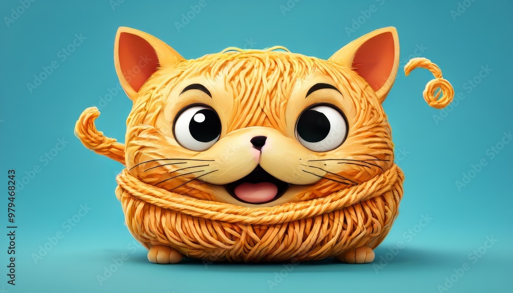 Poster cute cat character shaped like a ball of yarn, showcasing a playful and friendly expression. the bri