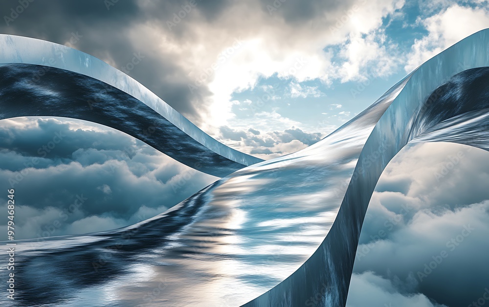 Aufkleber futuristic metallic curve bridge in minimalistic design with silver light effects against cloudy sky