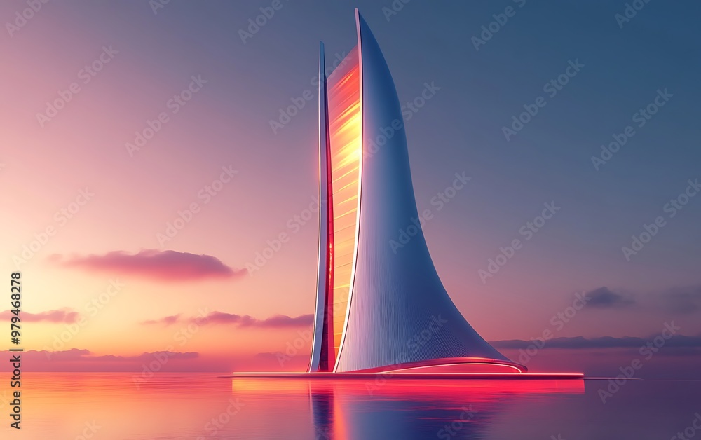 Aufkleber futuristic chrome-curved tower in dusk glow with red light effects - 3d render minimalistic architec