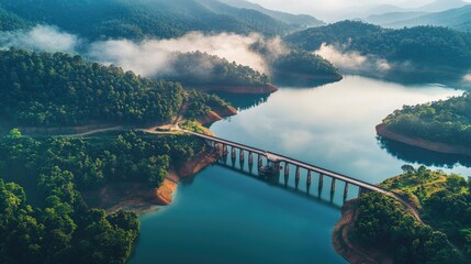 Fototapeta premium Aerial view of a beautiful dam spanning a tranquil lake, surrounded by vibrant forests and misty mountains, creating a peaceful landscape