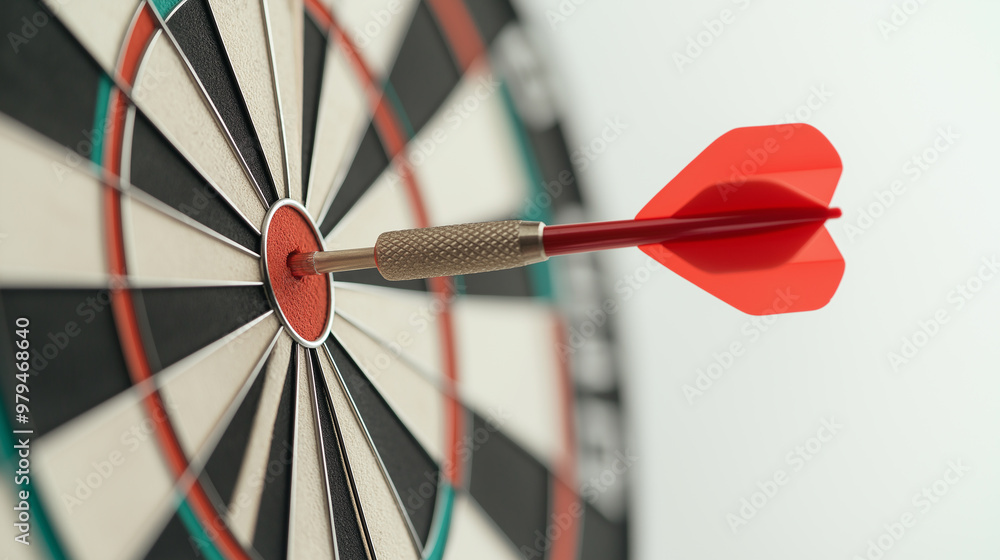 Poster red dart hitting center of target on dartboard
