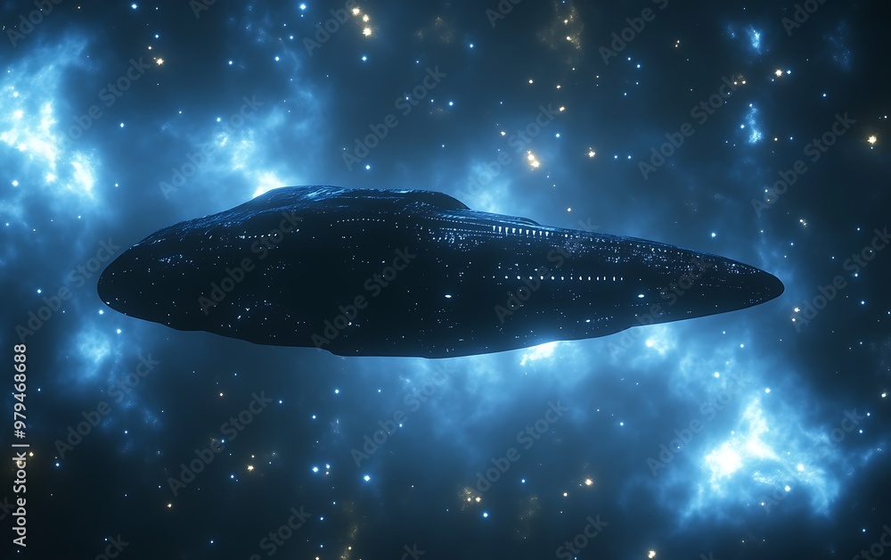 Poster futuristic steel-curved spaceship in deep space with glowing lights - minimalistic 3d render