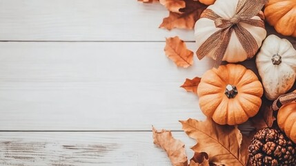 A vibrant arrangement of pumpkins and gourds on a rustic wooden background creates a festive atmosphere, offering ample space for Halloween messages and fall-themed text