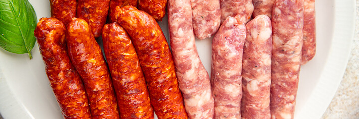 sausages meat raw beef, pork, chicken, lamb dish fresh delicious gourmet food background on the...
