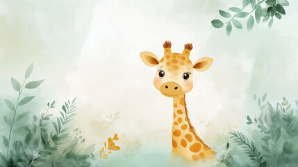Naklejka premium Cute baby giraffe watercolor illustration surrounded by green leaves