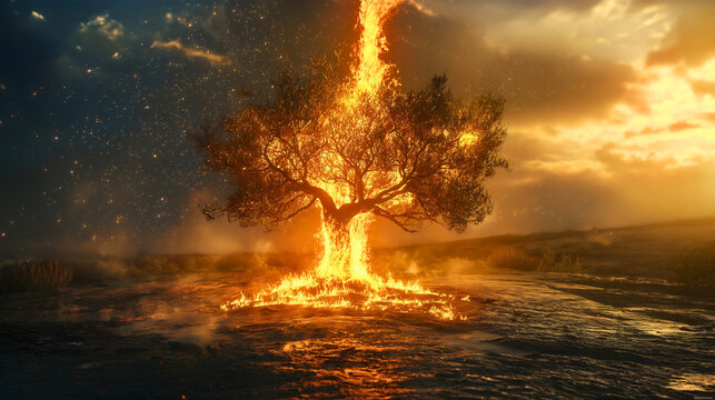 The great and powerful divine flame surrounding the burning bush, from which God's voice emerges to command Moses to take action. This event is described in the Bible.