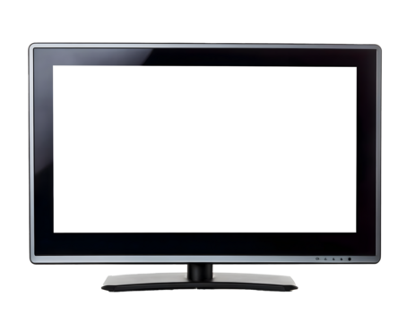 Close up of modern televisor with white display for mock up and advertisement. Transparent background.
