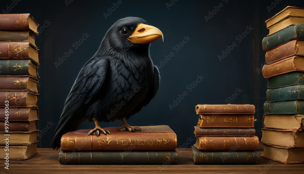 Poster a black raven sits majestically atop a stack of books in a dimly lit room. the dark and mysterious a
