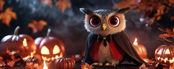 Cute owl dressed as a vampire, Halloween night scene, 3D illustration