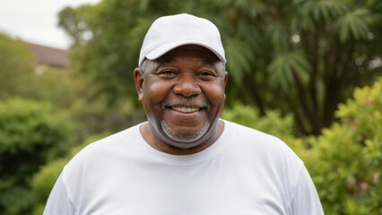 Plus size senior black man wearing white t-shirt and white baseball cap standing in the garden