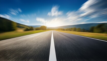 Fototapeta premium An empty road is depicted with a blurred background to convey motion.