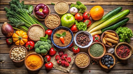 Fresh vegetables and fruits arranged on a rustic wooden table, surrounded by whole grains and nuts, promoting a balanced and nutritious diet.