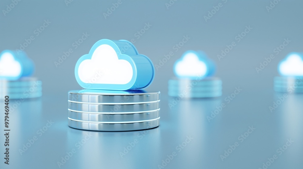 Poster a conceptual image of cloud storage technology, featuring stacked disks with cloud icons, symbolizin