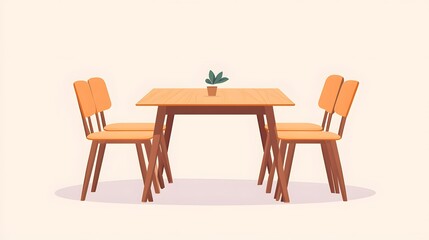 Wooden Table with Orange Chairs and Plant