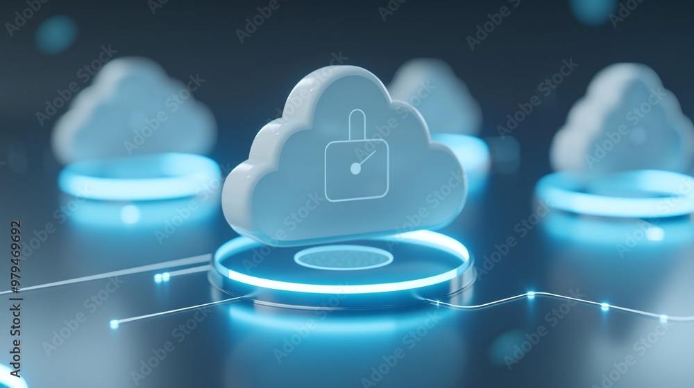 Poster a digital cloud icon with a lock symbol representing secure cloud storage and protection of data in 