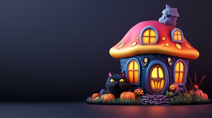 A whimsical Halloween-themed house with a pumpkin patch and a playful black cat, perfect for festive decorations.