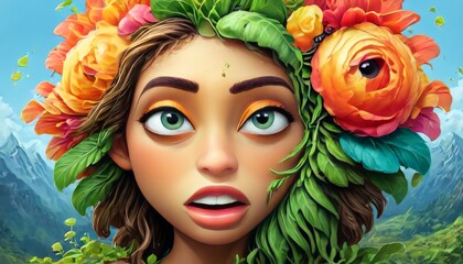 A vibrant 3D render of a woman wearing a floral headpiece, set against a lush nature background. Her bright eyes and expressive face convey a sense of wonder and connection to nature, ideal for