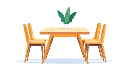 Wooden Dining Table Set with Green Plant Illustration