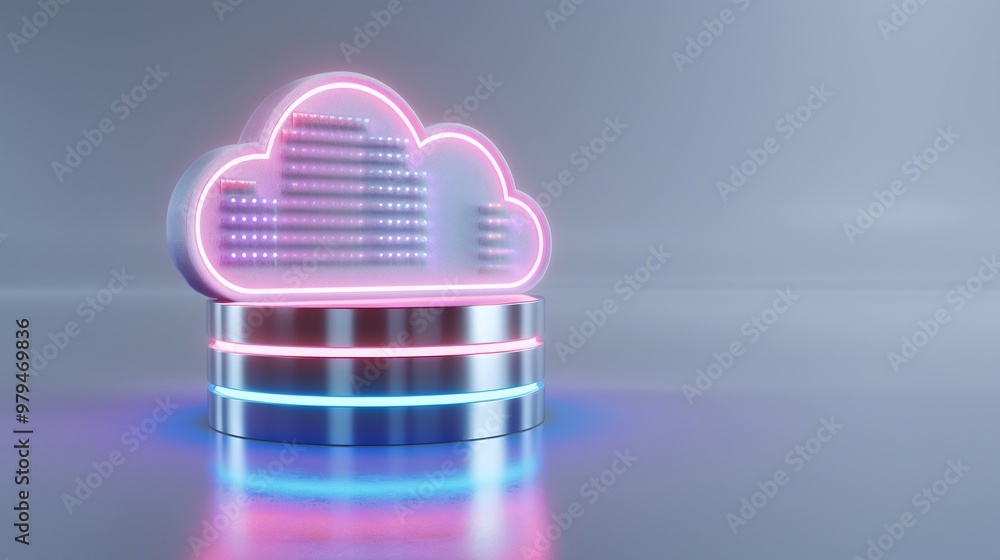 Poster a digital cloud symbol illuminated with vibrant neon lights, representing modern technology and data
