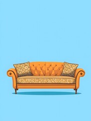 Orange Sofa with Floral Pattern Cushions on Blue Background