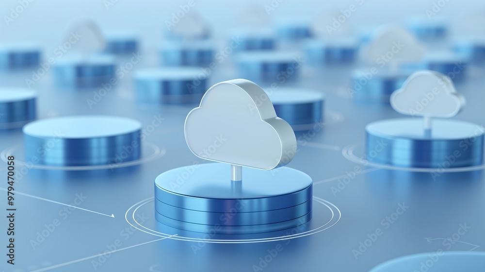 Poster a digital illustration featuring cloud symbols situated on blue disks, representing cloud computing 