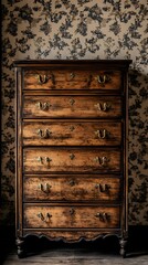 Antique Wooden Chest of Drawers with Floral Wallpaper