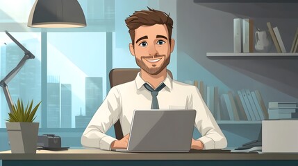 Naklejka premium Focused Businessman Working on Laptop at Modern Office Desk