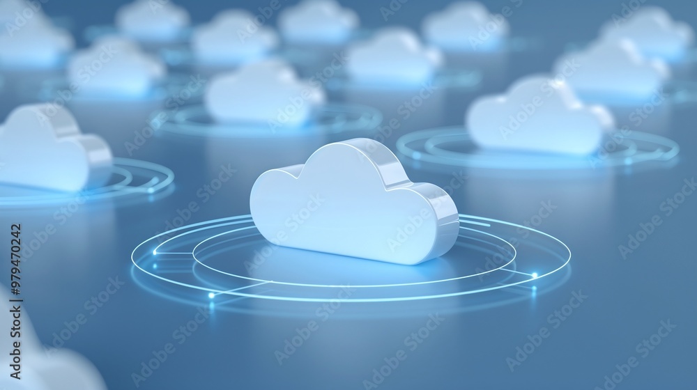 Poster a digital illustration of floating blue clouds symbolizing cloud computing and technology concepts o