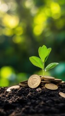 A small green plant grows from a pile of coins, symbolizing prosperity, growth, and the connection between finance and nature.