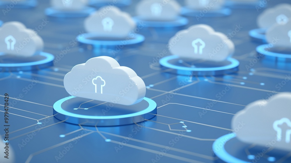 Poster a digital landscape of interconnected clouds representing cloud computing and data storage technolog