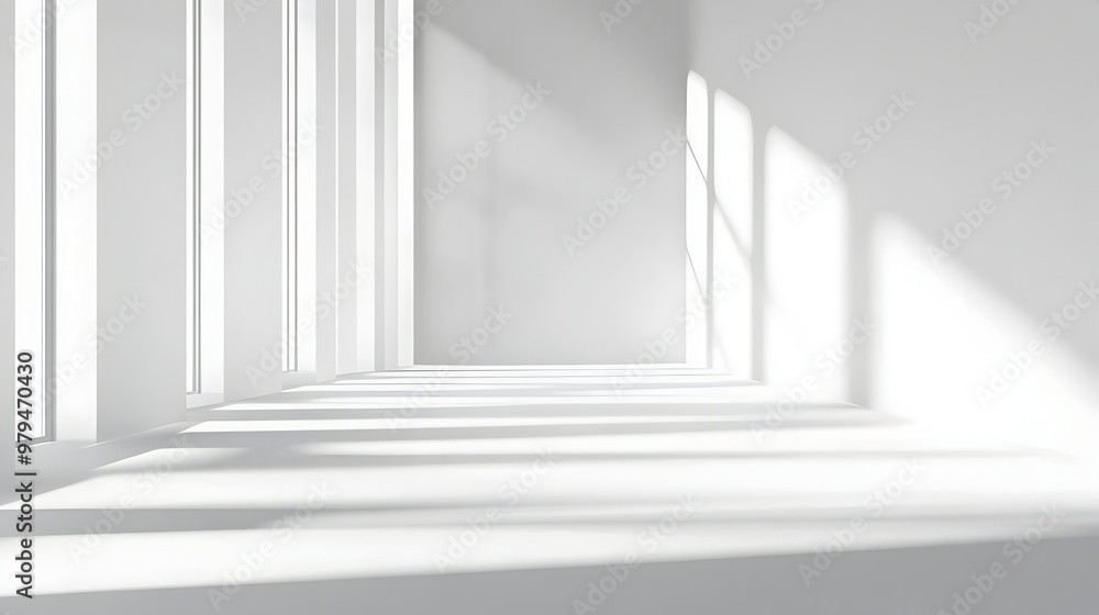 Poster bright and serene architectural interior with symmetrical window patterns