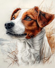 Fototapeta premium colored pencil drawn jack russel terrier dog half turn shoulder length portrait in simple style on white background
