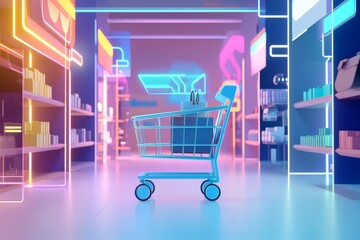 Virtual reality cart moving through a digital marketplace, 3D illustration on solid color background