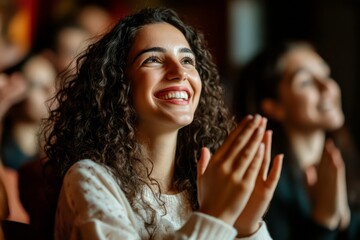 Young woman with curly hair clapping and smiling while sitting in the audience of an auditorium