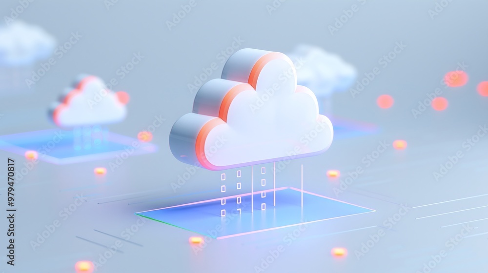 Poster a futuristic 3d illustration of cloud computing with data streams and colorful digital elements.