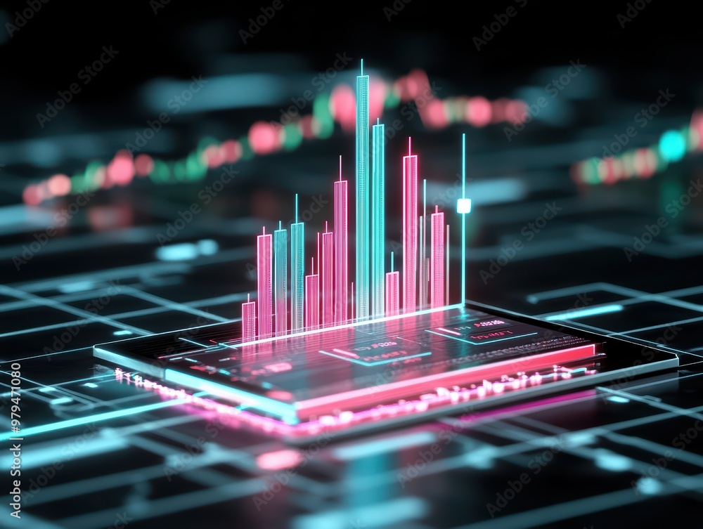Poster a glowing 3d graph displays financial data on a futuristic digital interface, representing analytics